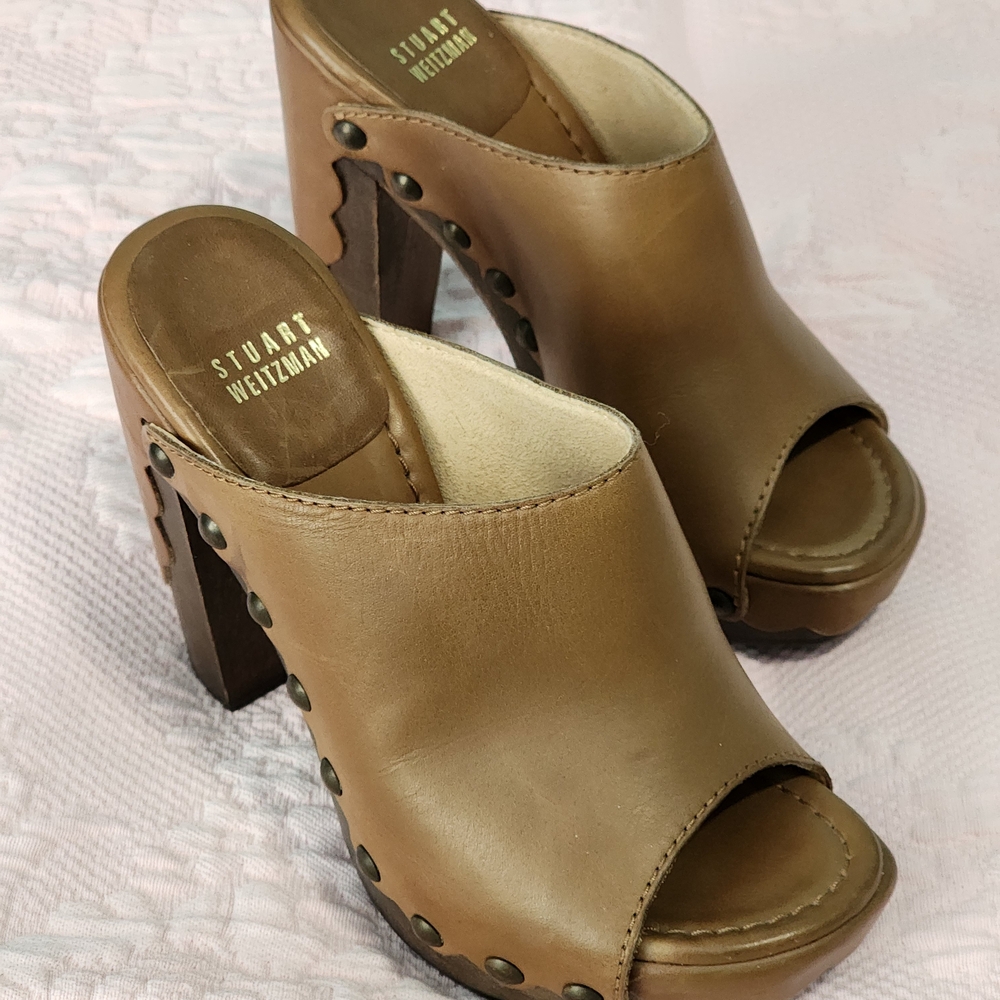 Stuart Weitzman Brown Leather Studded Clogs